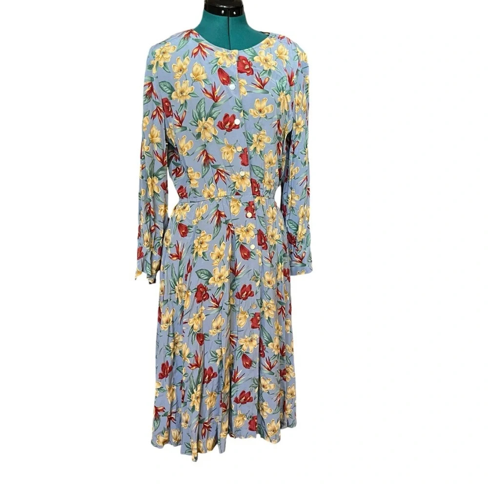 Liz Claiborne Vintage 90s Blue Floral Long Sleeve Front Floor Length Dress